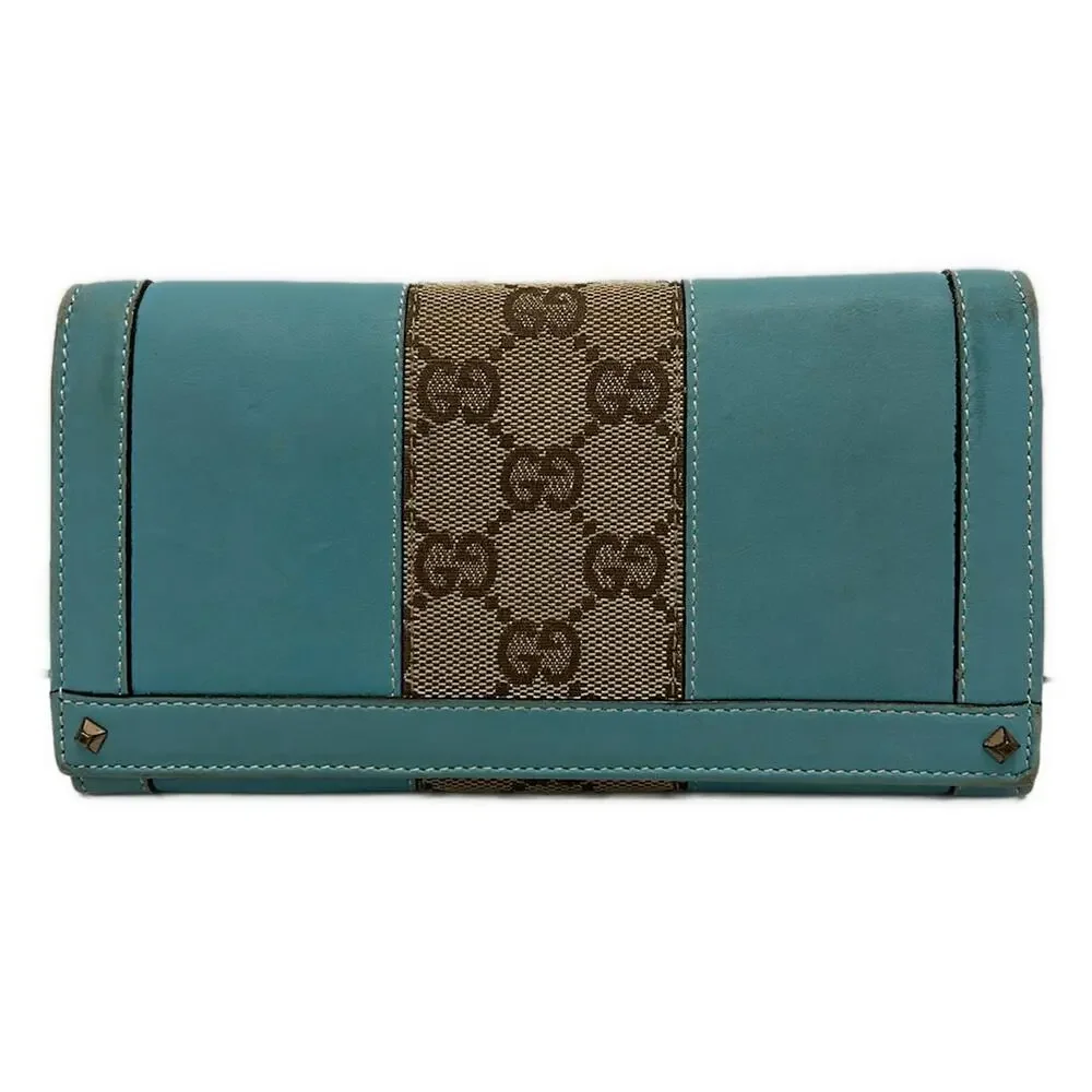 Gucci GG Long Wallet 120926 Light Blue Beige Dark Brown Leather Jacquard